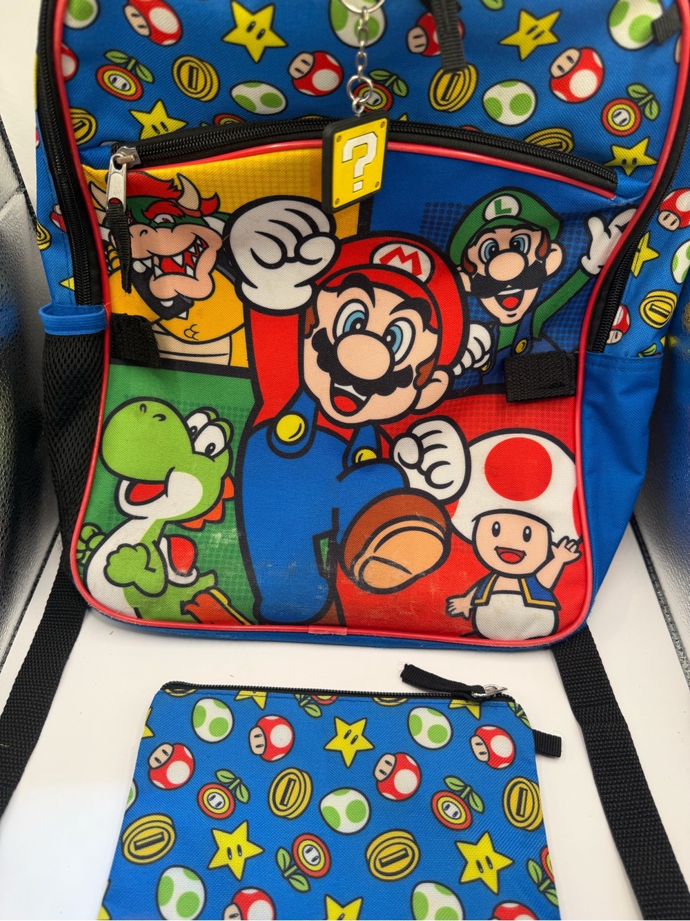 Nintendo Super Mario Backpack w/ Zip Pouch & Question Block Keychain